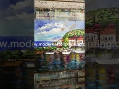 نقاشی انتزاعی اکریلیک قایق های قرمز رنگ شده روی اسکله