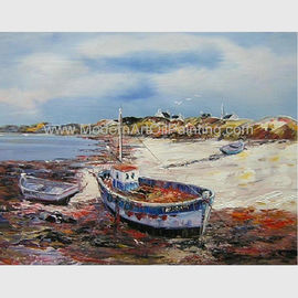 نقاشی های رنگ روغن قایق های ماهیگیری با دست، نقاشی انتزاعی بوم در ساحل