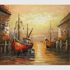 نقاشی قایق های قرمز رنگ شده با دست با چاقوی پالت، نقاشی انتزاعی اکریلیک روی اسکله